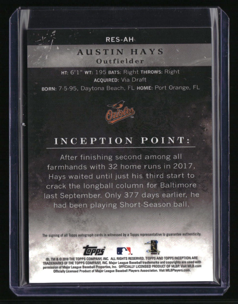 2018 Topps Inception Austin Hays Rookie and Emerging Stars Autographs Blue #/25