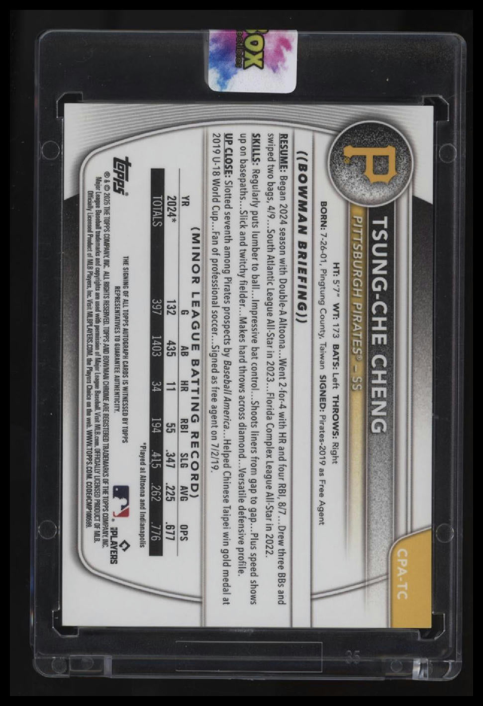 2025 Bowman Tsung-Che Cheng Chrome Prospects Autographs Gold Lava Refractor #/50