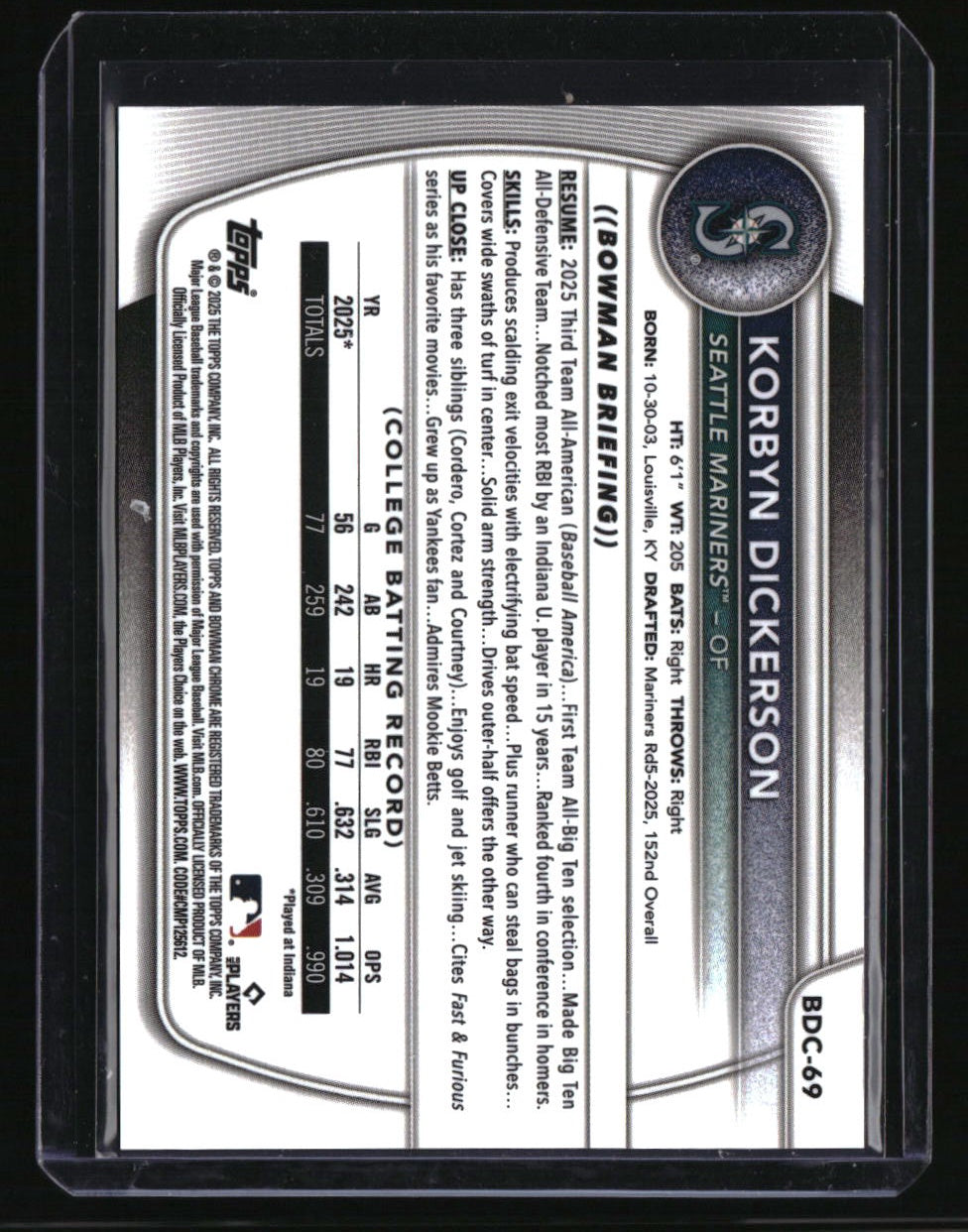 2025 Bowman Draft Korbyn Dickerson Chrome Gold Refractor #/50