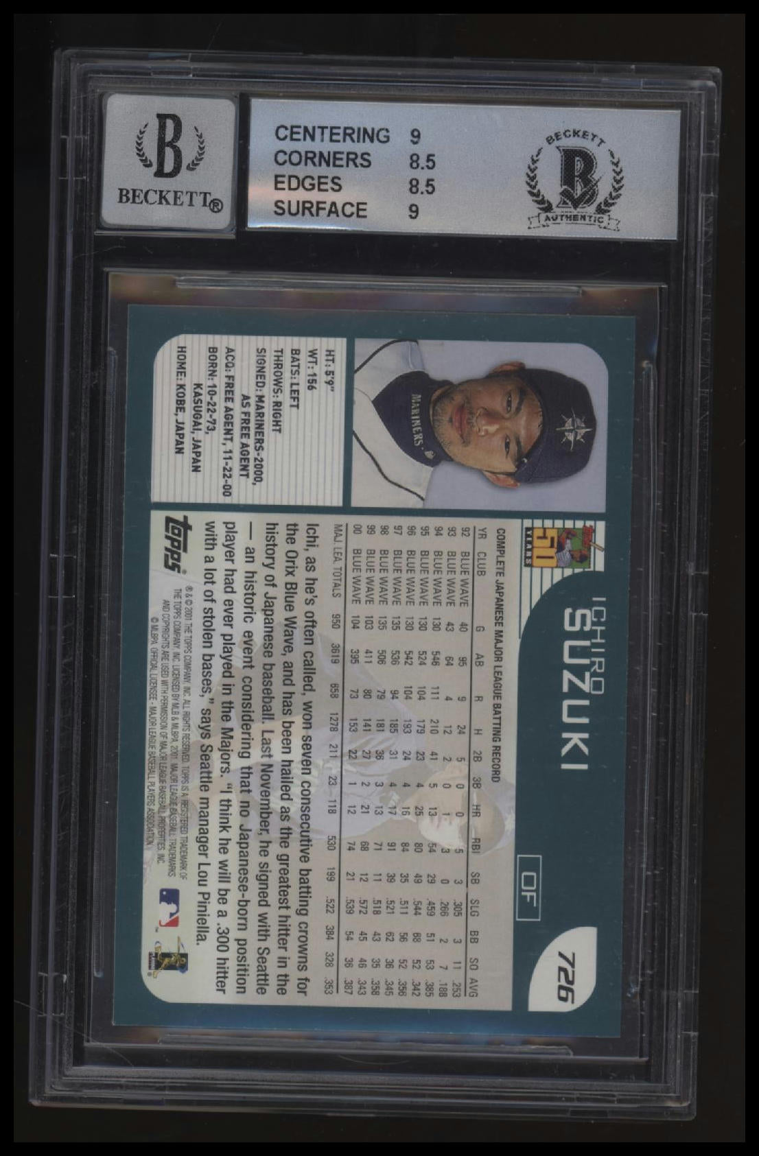 2001 Topps Ichiro Suzuki RC BGS 8.5 Authentic Auto 10