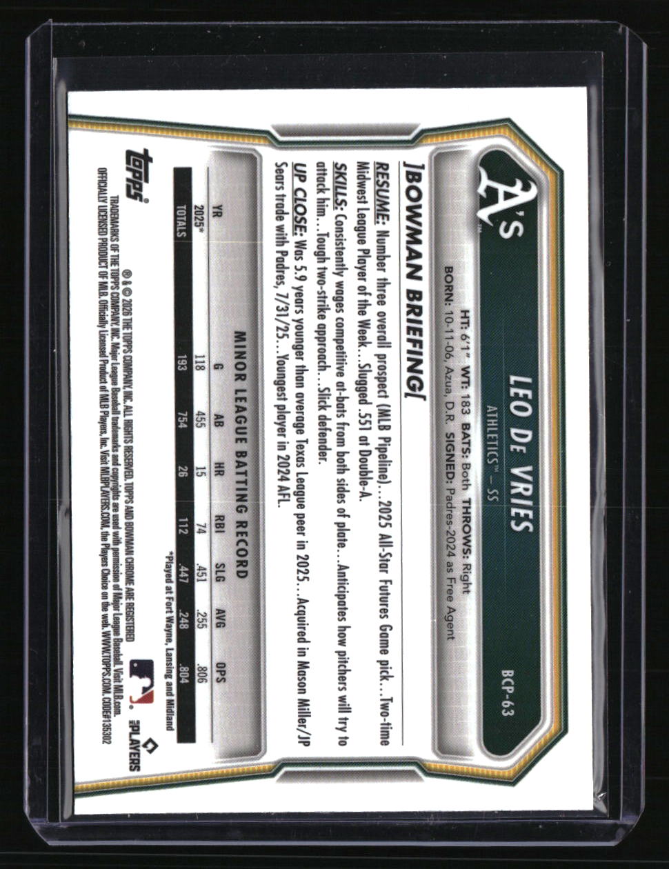2026 Bowman Leo De Vries Chrome Prospects Yellow Wave Refractor #/75