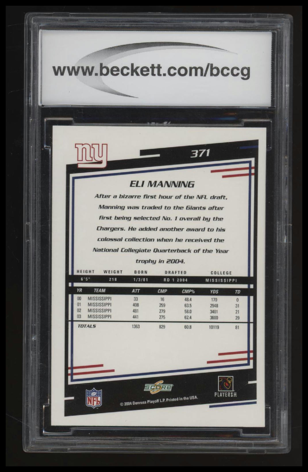 2004 Score Eli Manning BCCG 10.0