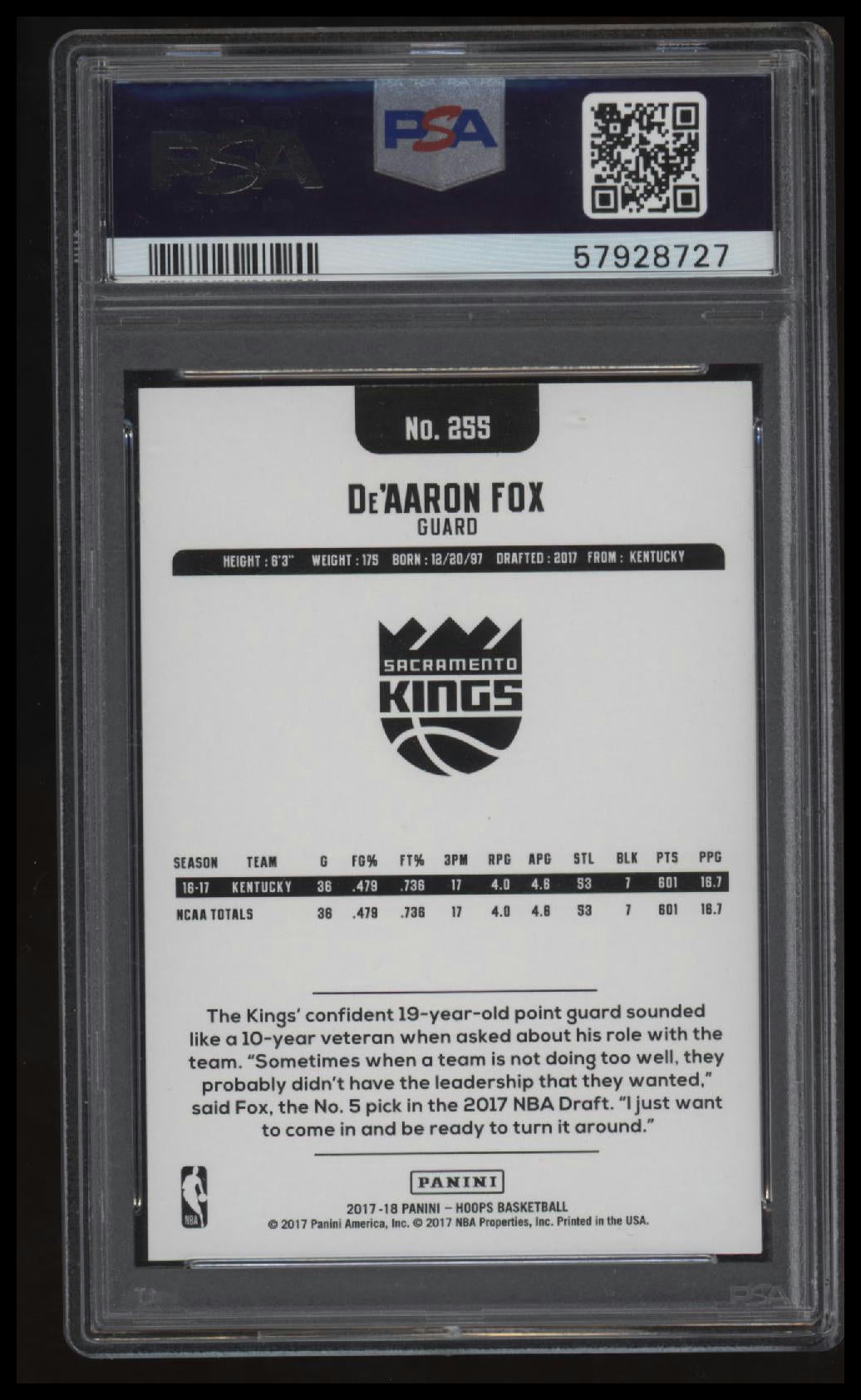 2017 Panini Hoops De'Aaron Fox PSA 10