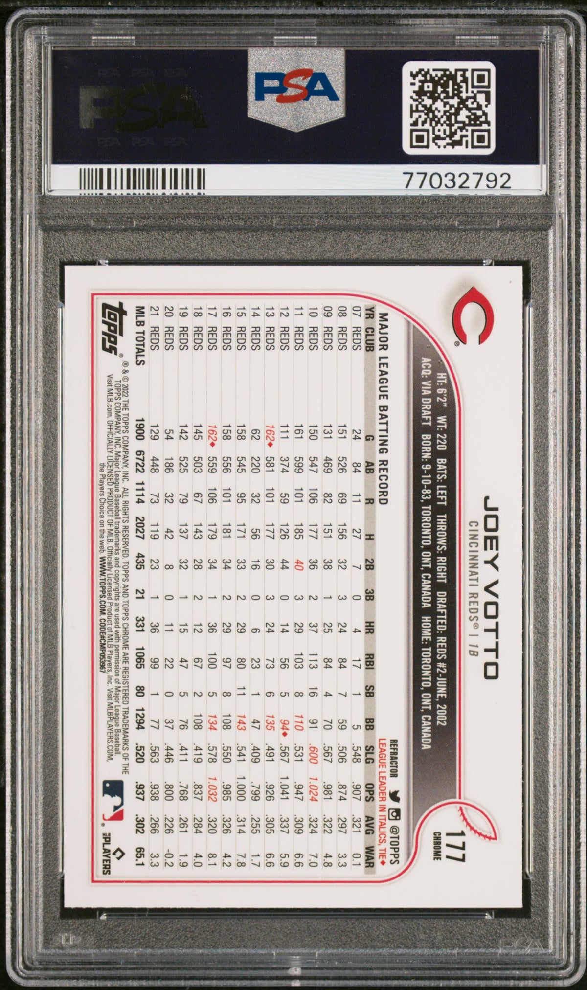 2022 Topps Chrome Joey Votto Refractor PSA 10