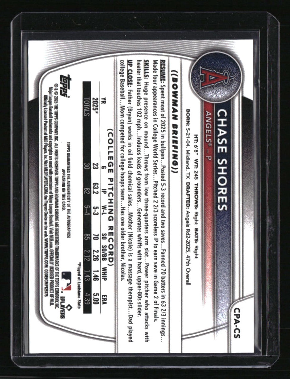 2025 Bowman Draft Chase Shores Chrome Prospect Autographs