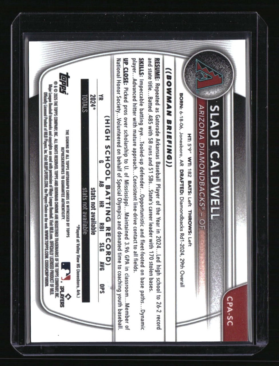 2025 Bowman Slade Caldwell Chrome Prospects Autographs