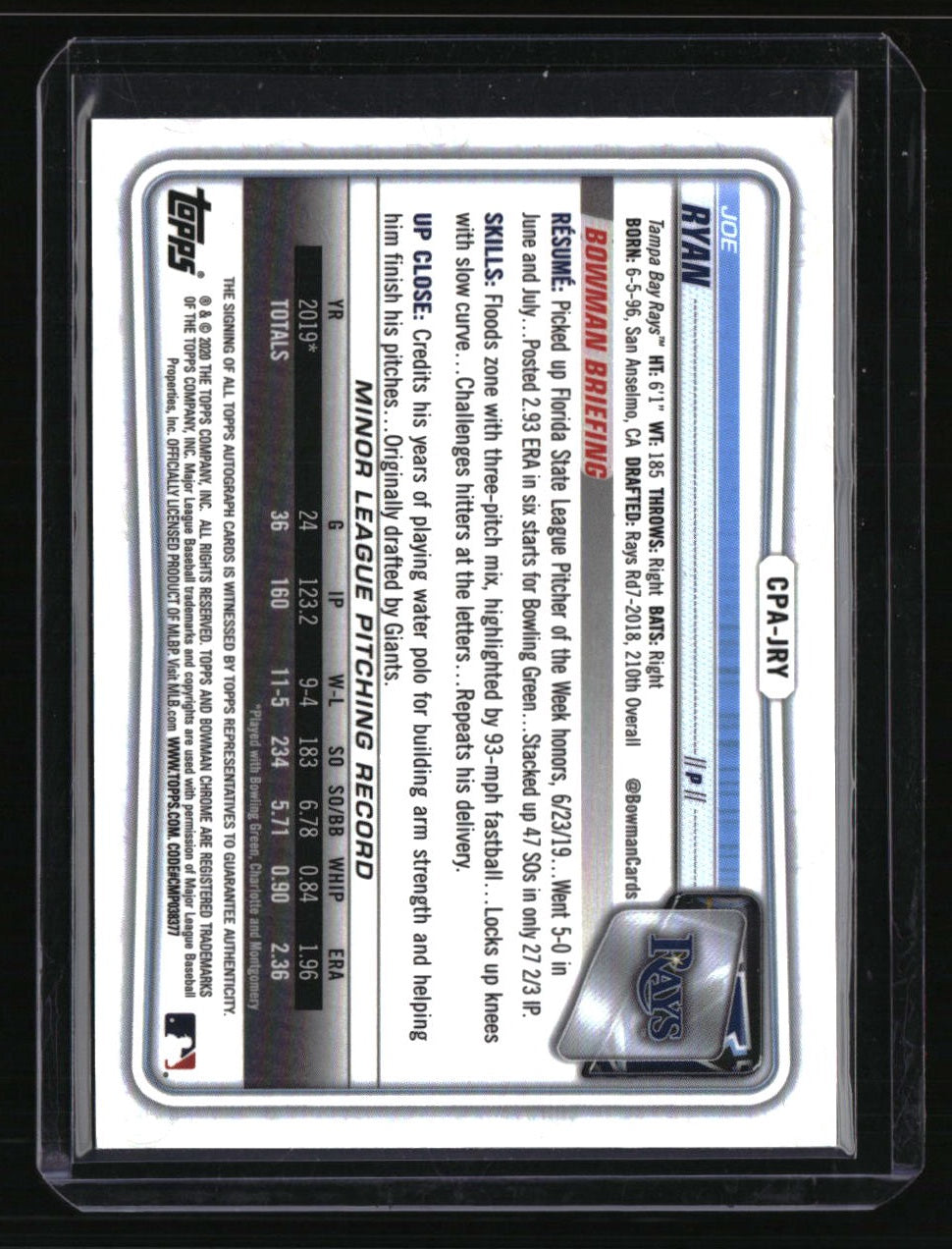 2020 Bowman Joe Ryan Chrome Prospect Autographs