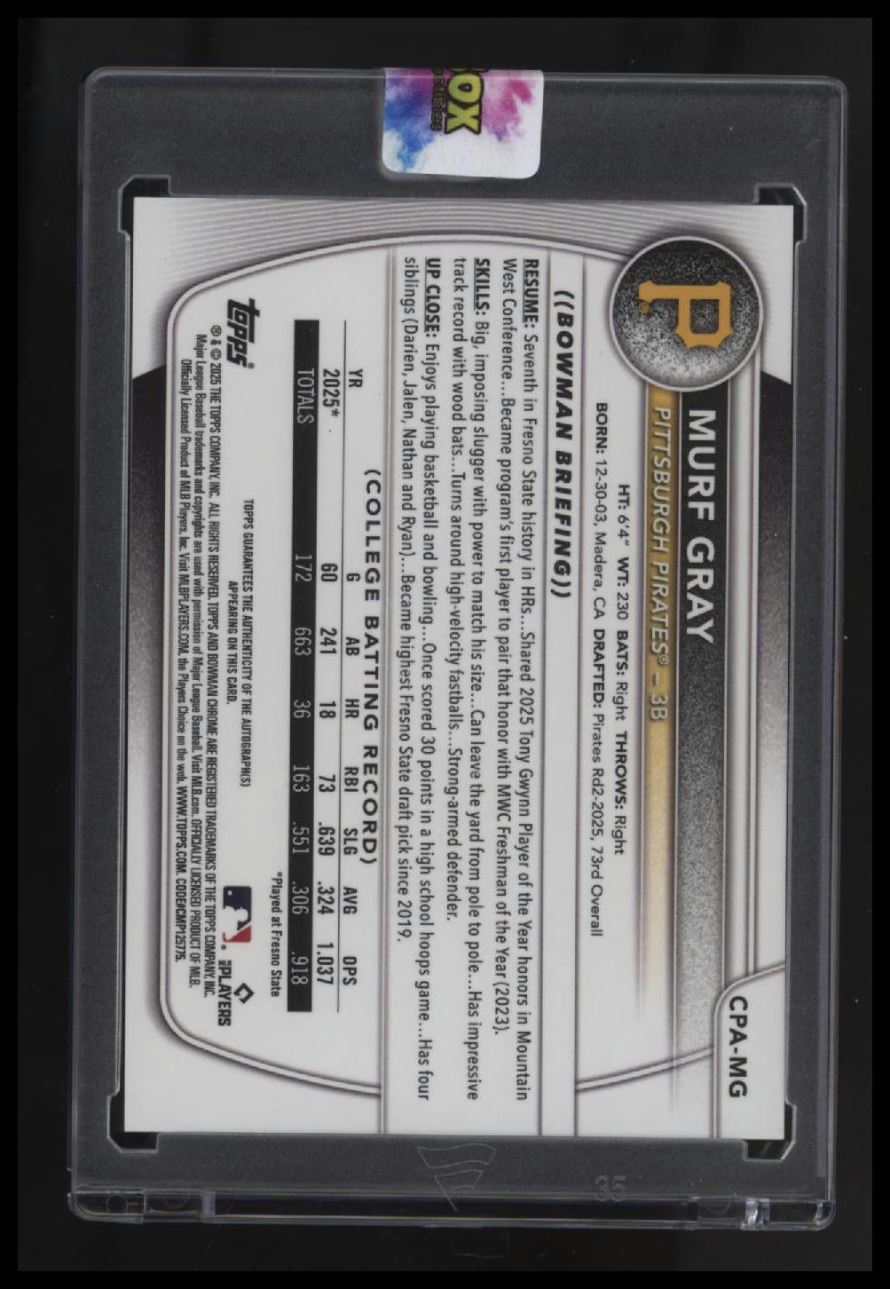 2025 Bowman Draft Murf Gray Chrome Prospect Autographs Green First On Print 1/99