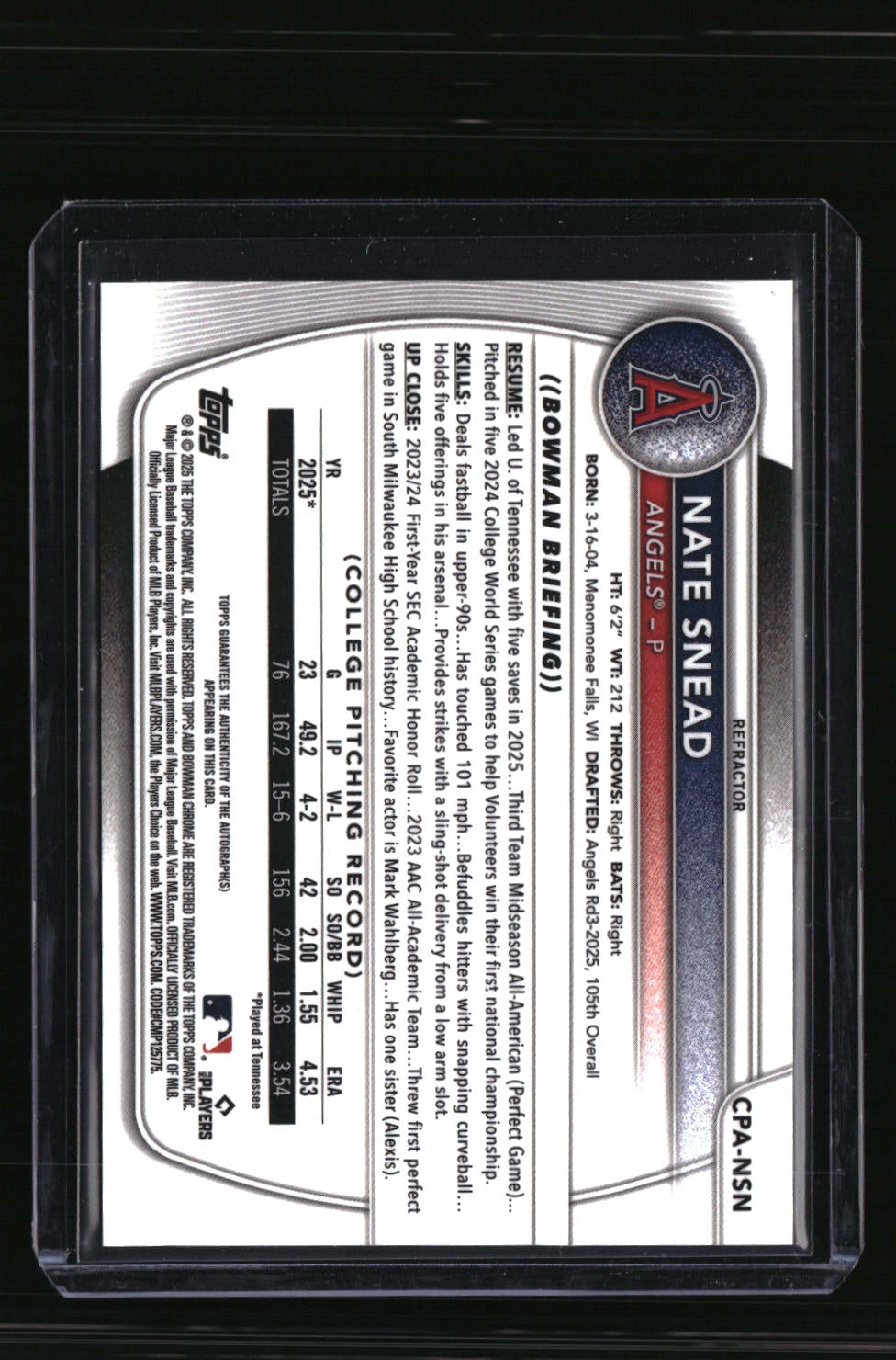 2025 Bowman Draft Nate Snead Chrome Prospect Autographs Refractor #/499