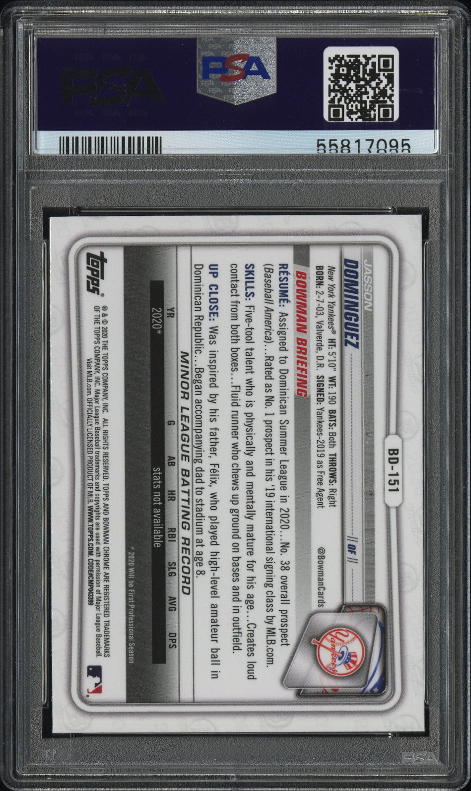 2020 Bowman Draft #BD151 Jasson Dominguez Chrome Sapphire Edition PSA 9