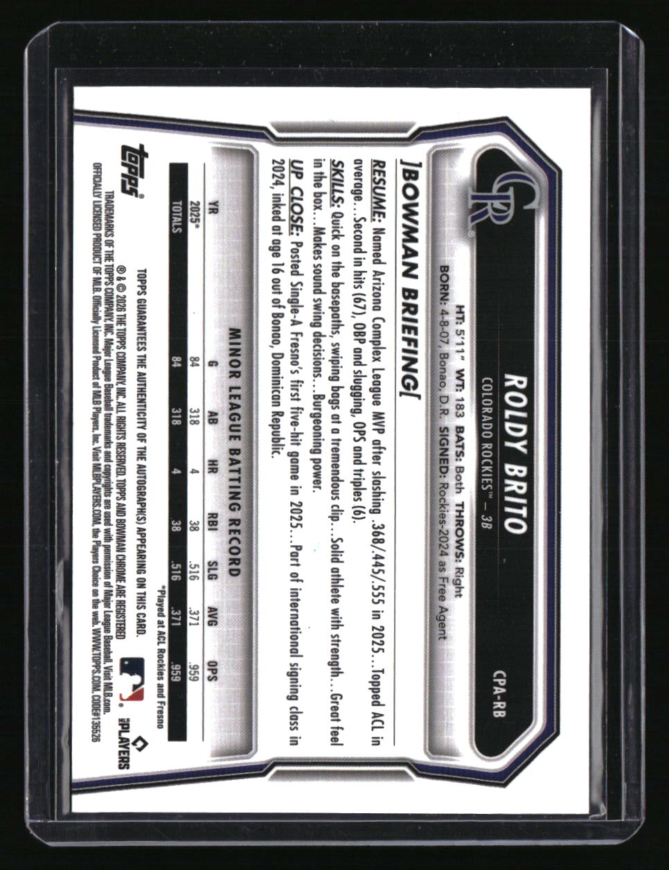 2026 Bowman Roldy Brito Chrome Prospect Autographs