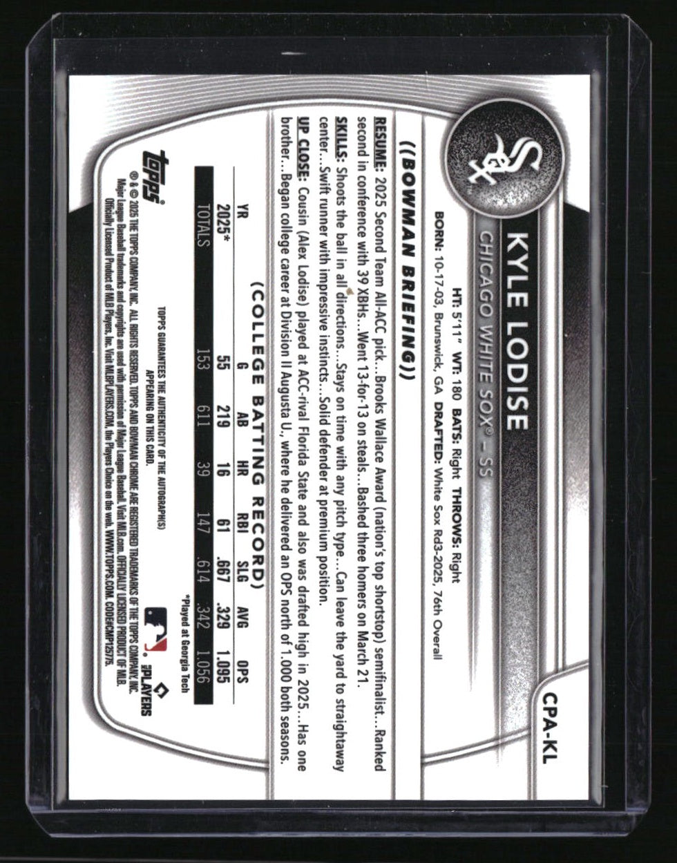 2025 Bowman Draft Kyle Lodise Chrome Prospect Autographs Aqua Lava #/199