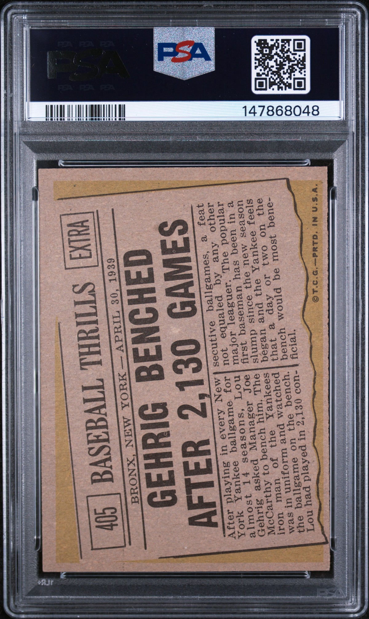 1961 Topps Gehrig Benched After 2,130 Games PSA 6
