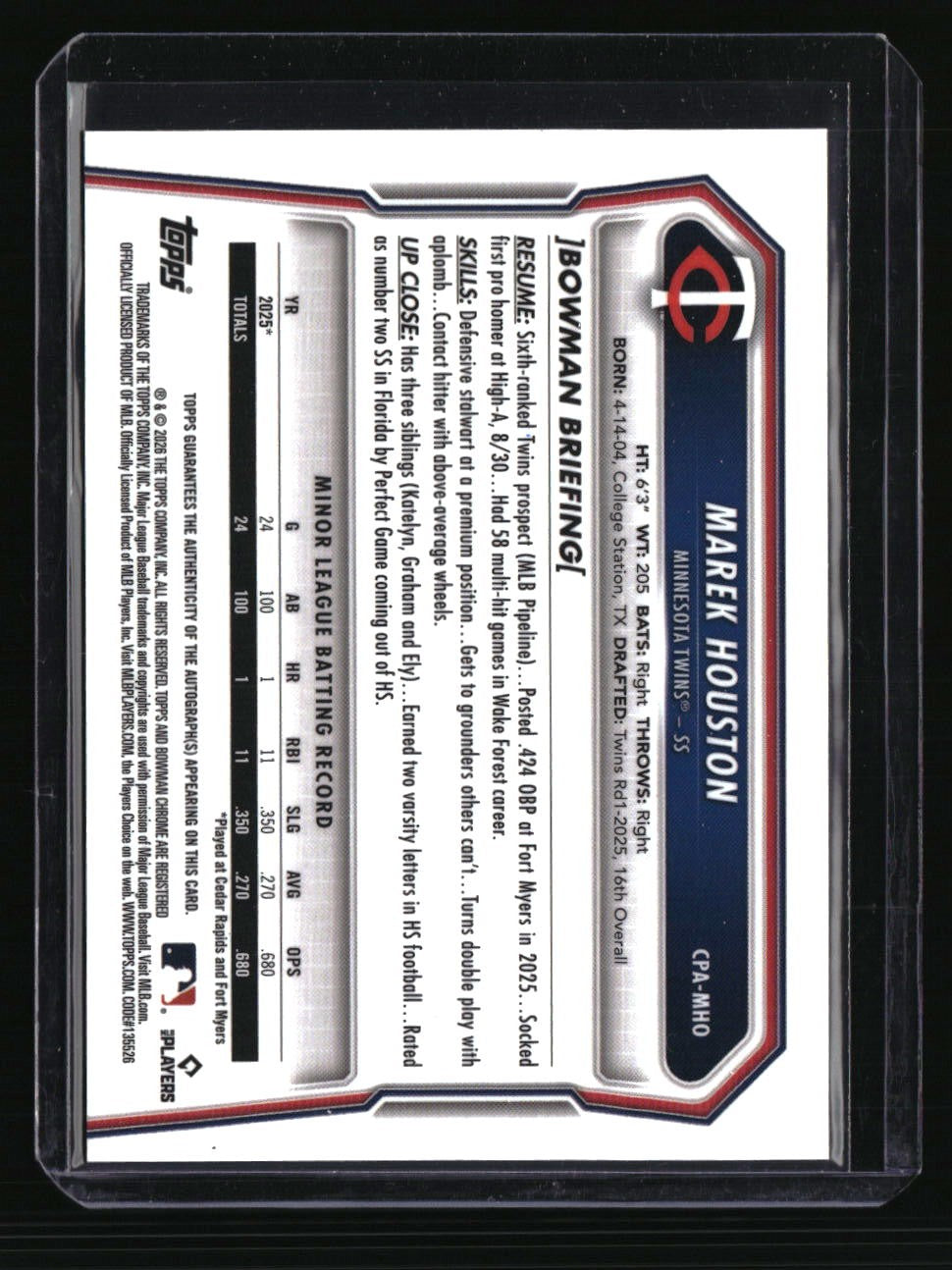 2026 Bowman Marek Houston Chrome Prospect Autographs
