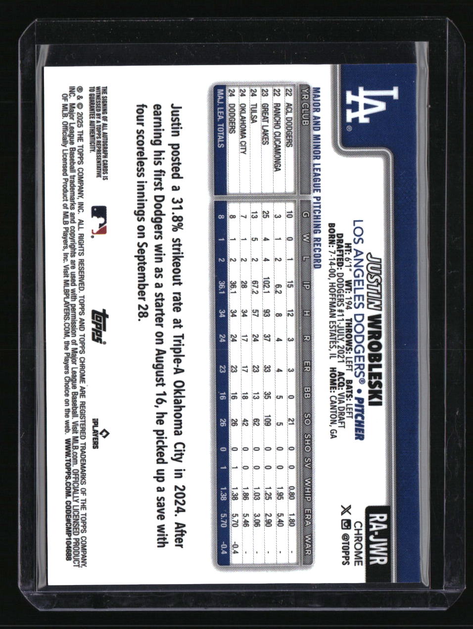 2025 Topps Chrome Justin Wrobleski Rookie Autographs Purple Refractors #/250
