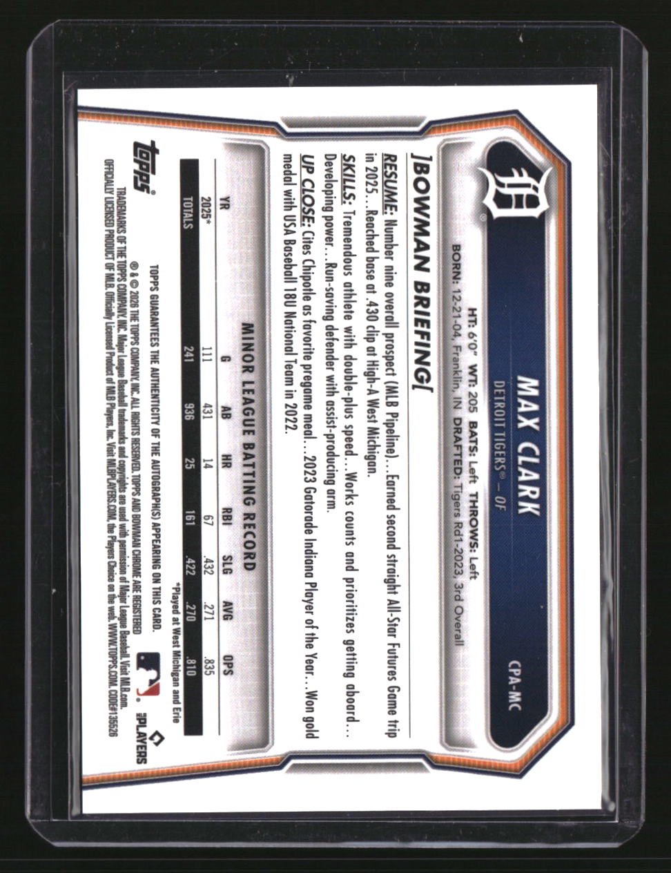 2026 Bowman Max Clark Chrome Prospect Autographs Purple Refractors #/250