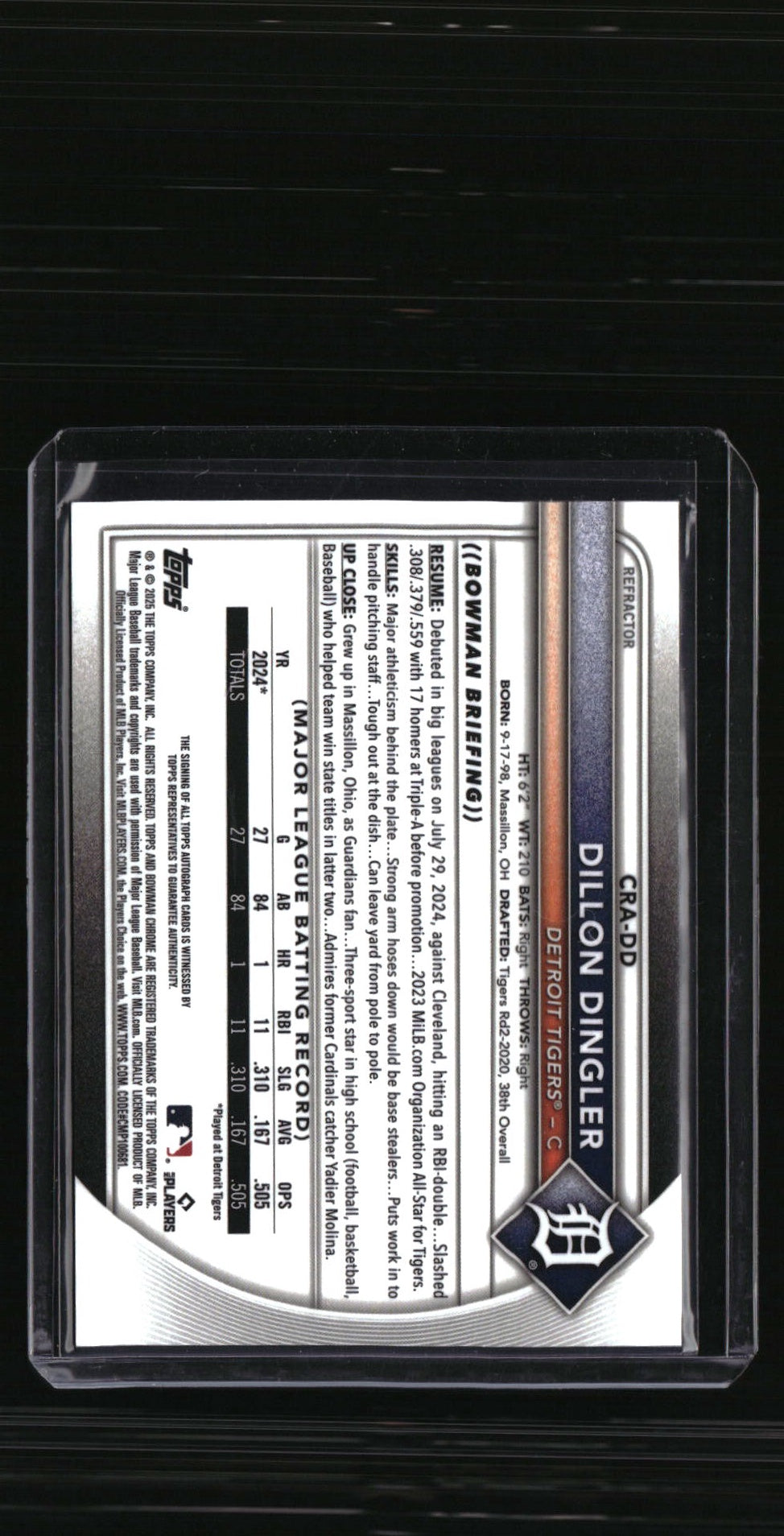 2025 Bowman Chrome Dillon Dingler Rookie Autographs Refractor #/499