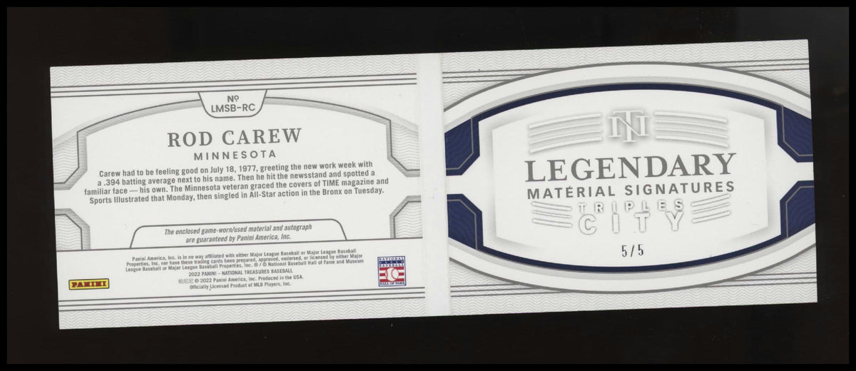 2022 National Treasures Rod Carew Material Signatures Booklet Triples City #/5