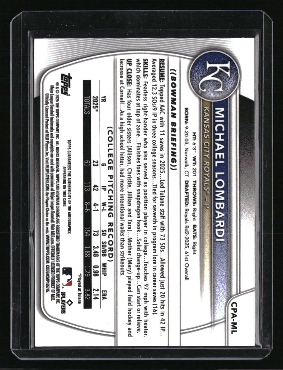 2025 Bowman Draft Michael Lombardi Chrome Prospect Autographs Gold #/50