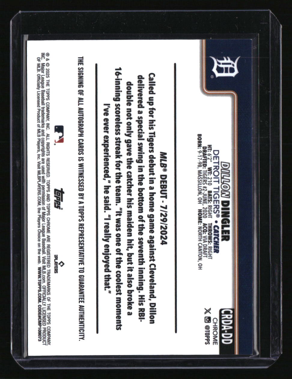 2025 Topps Chrome Update Dillon Dingler Auto Purple Speckle LAST ON PRINT #/299
