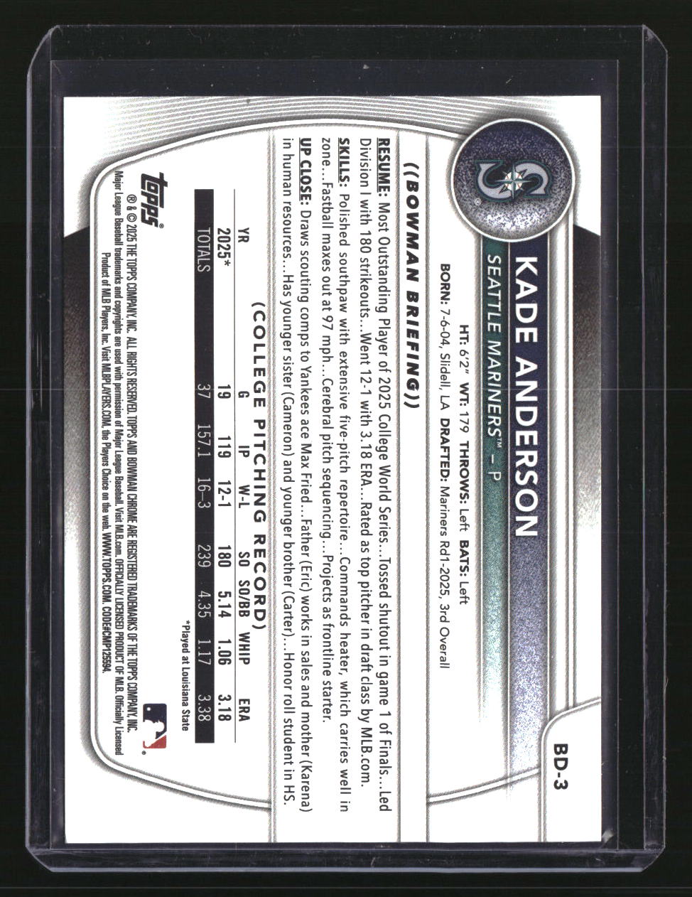 2025 Bowman Draft Kade Anderson Sky Blue Border #/499