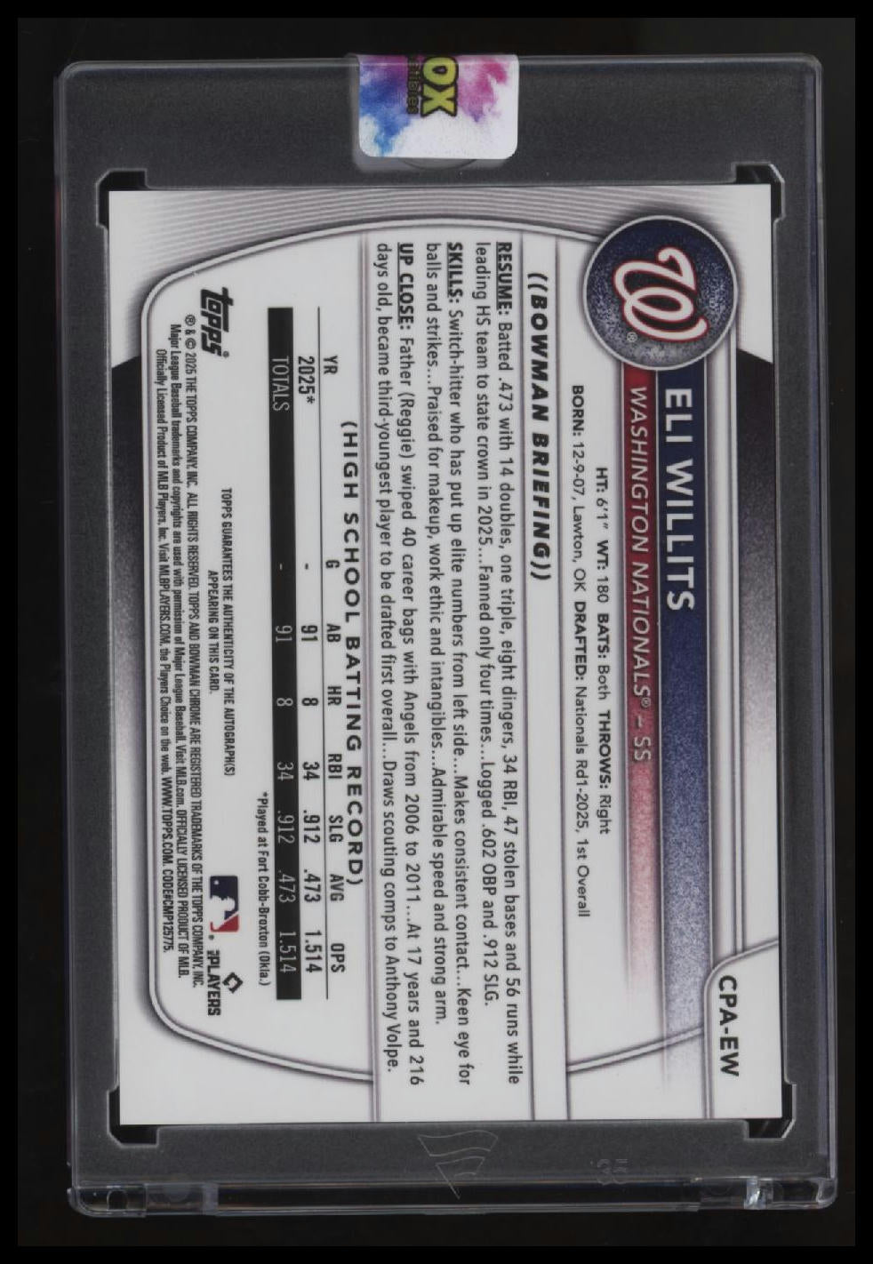 2025 Bowman Draft Eli Willits Chrome Prospect Autographs
