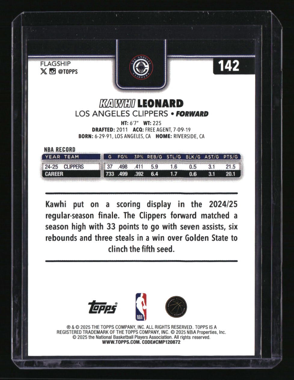 2025-26 Topps Kawhi Leonard Orange Holo Foil #/25