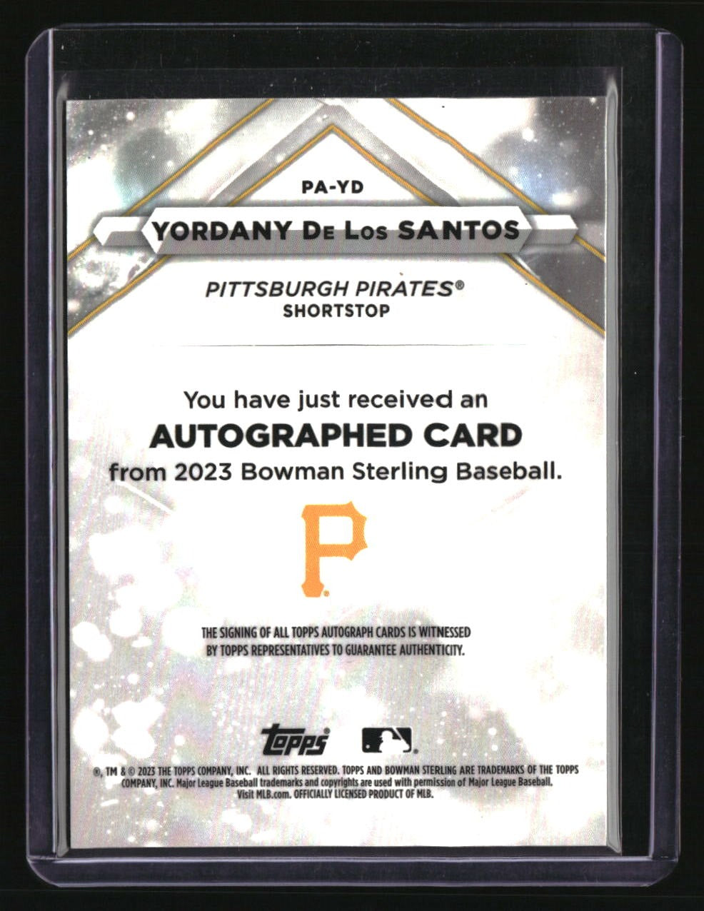 2023 Bowman Sterling Yordany De Los Santos Prospect Autographs Orange #/75