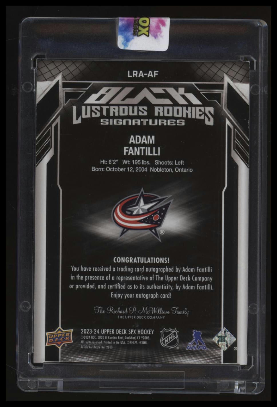 2023-24 SPx Adam Fantilli UD Black Lustrous Rookies Signatures #/99