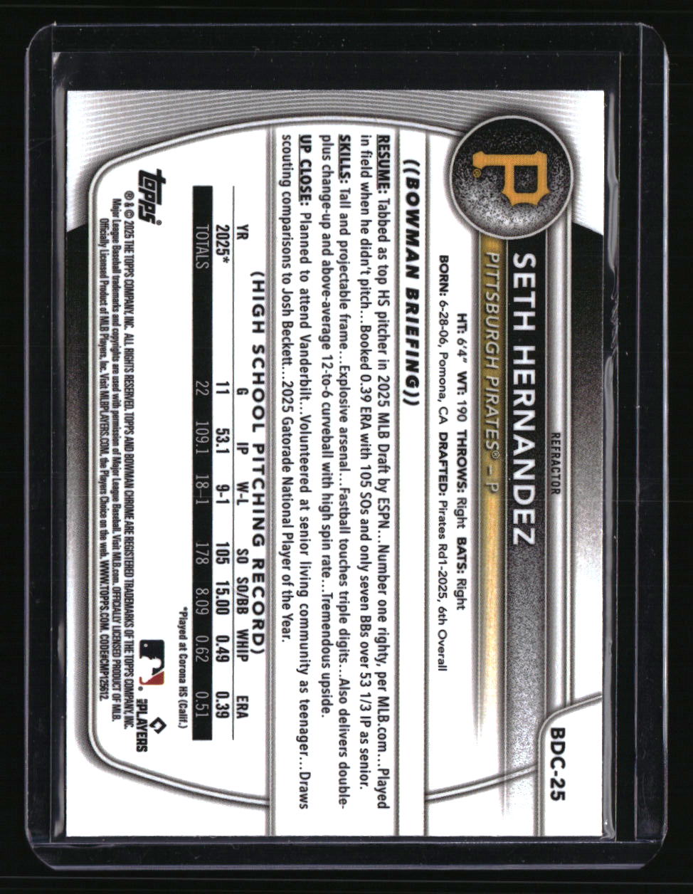 2025 Bowman Draft Seth Hernandez Chrome Refractor