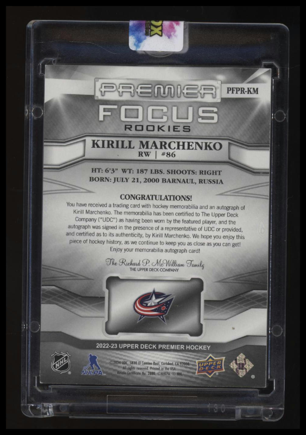 2022-23 Upper Deck Premier Kirill Marchenko Focus Rookies Auto Patch Gold #/49