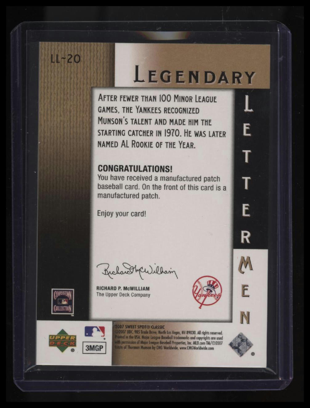 2007 Upper Deck Sweet Spot Classic Thurman Munson Legendary Lettermen #/25