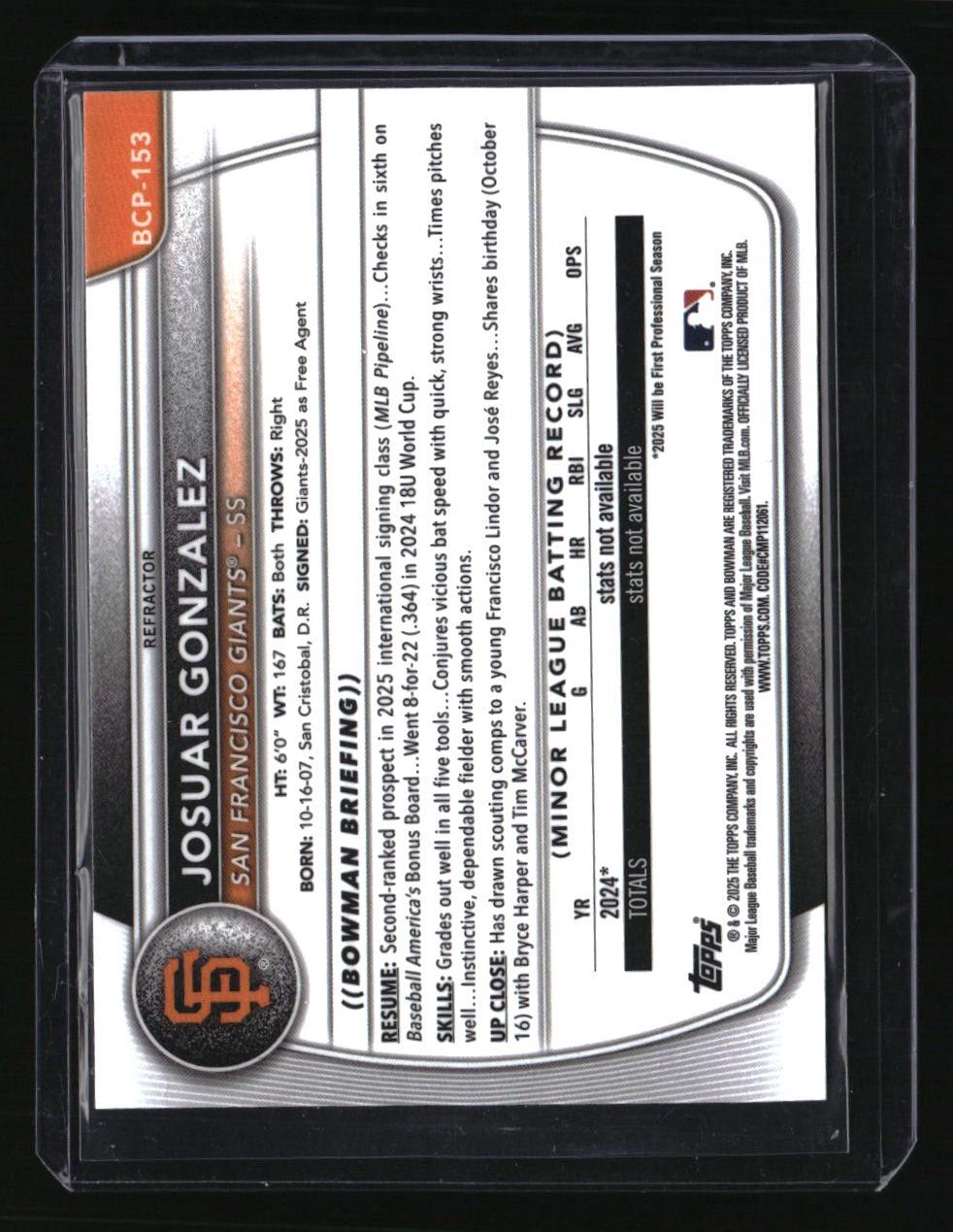 2025 Bowman Chrome Josuar Gonzalez Prospects Refractor #/499