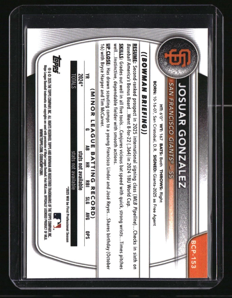 2025 Bowman Chrome Sapphire Edition Josuar Gonzalez Prospects