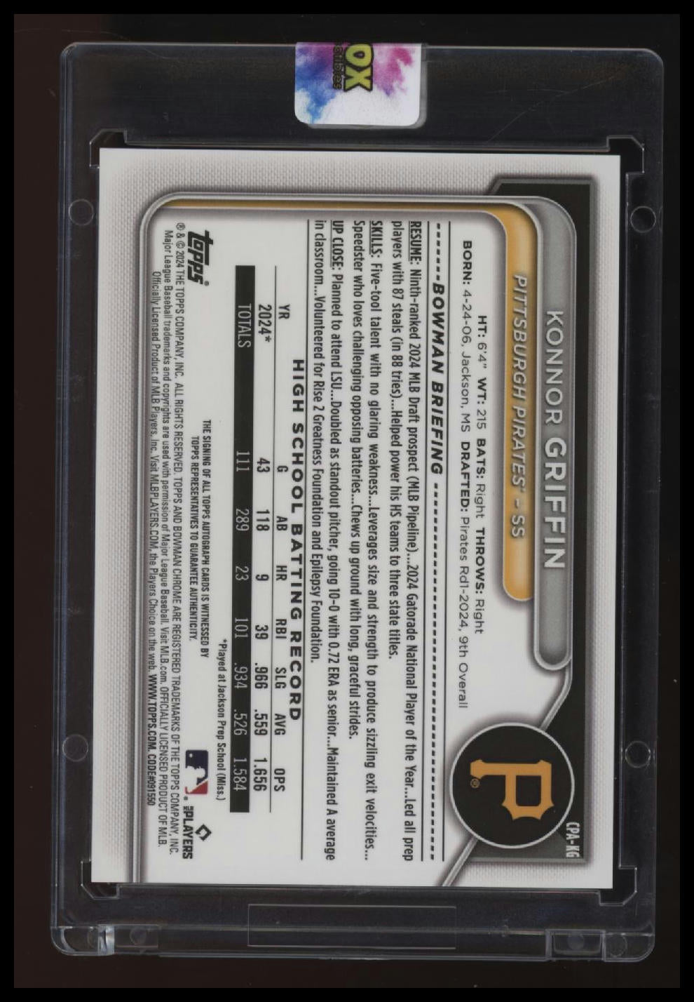 2024 Bowman Draft Konnor Griffin Chrome Prospect Autographs Purple #/250