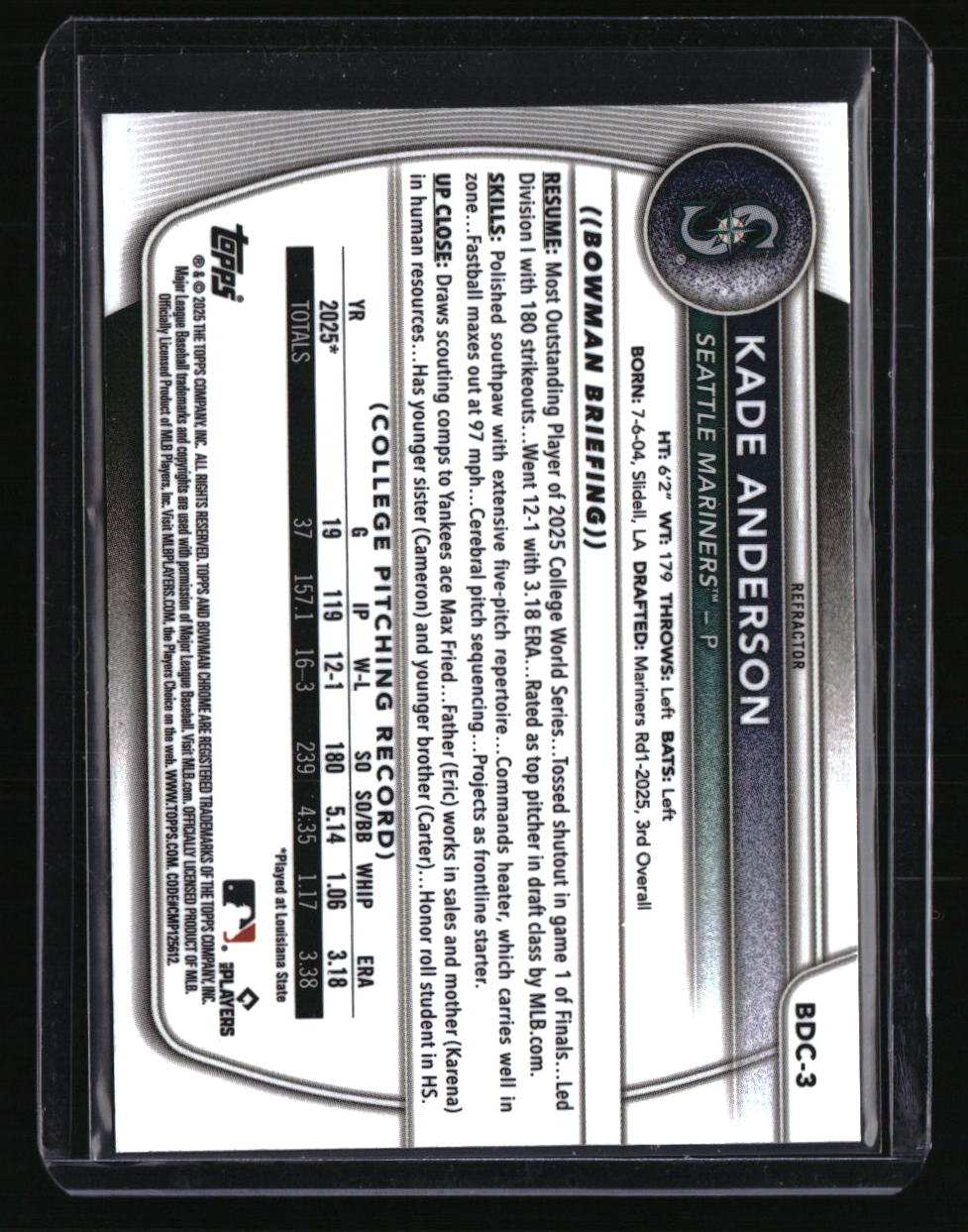 2025 Bowman Draft Kade Anderson Chrome Refractor
