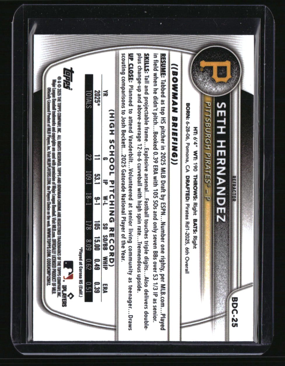 2025 Bowman Draft Seth Hernandez Chrome Refractor