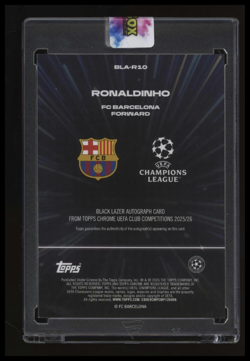 2025-26 Topps Chrome UEFA CC Ronaldinho Black Lazer Auto Black/Orange Lazer #/25