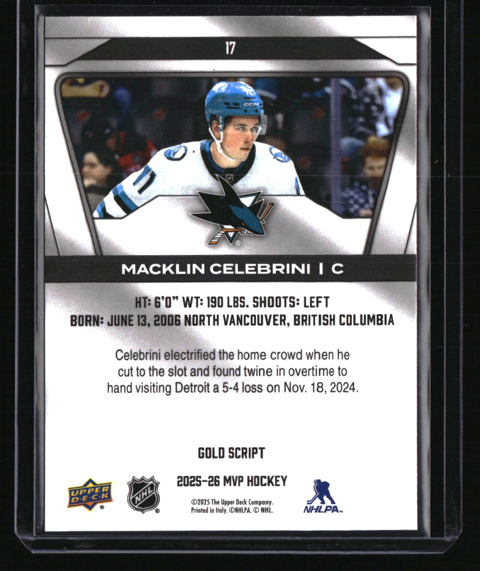 2025-26 Upper Deck MVP Macklin Celebrini Gold Script