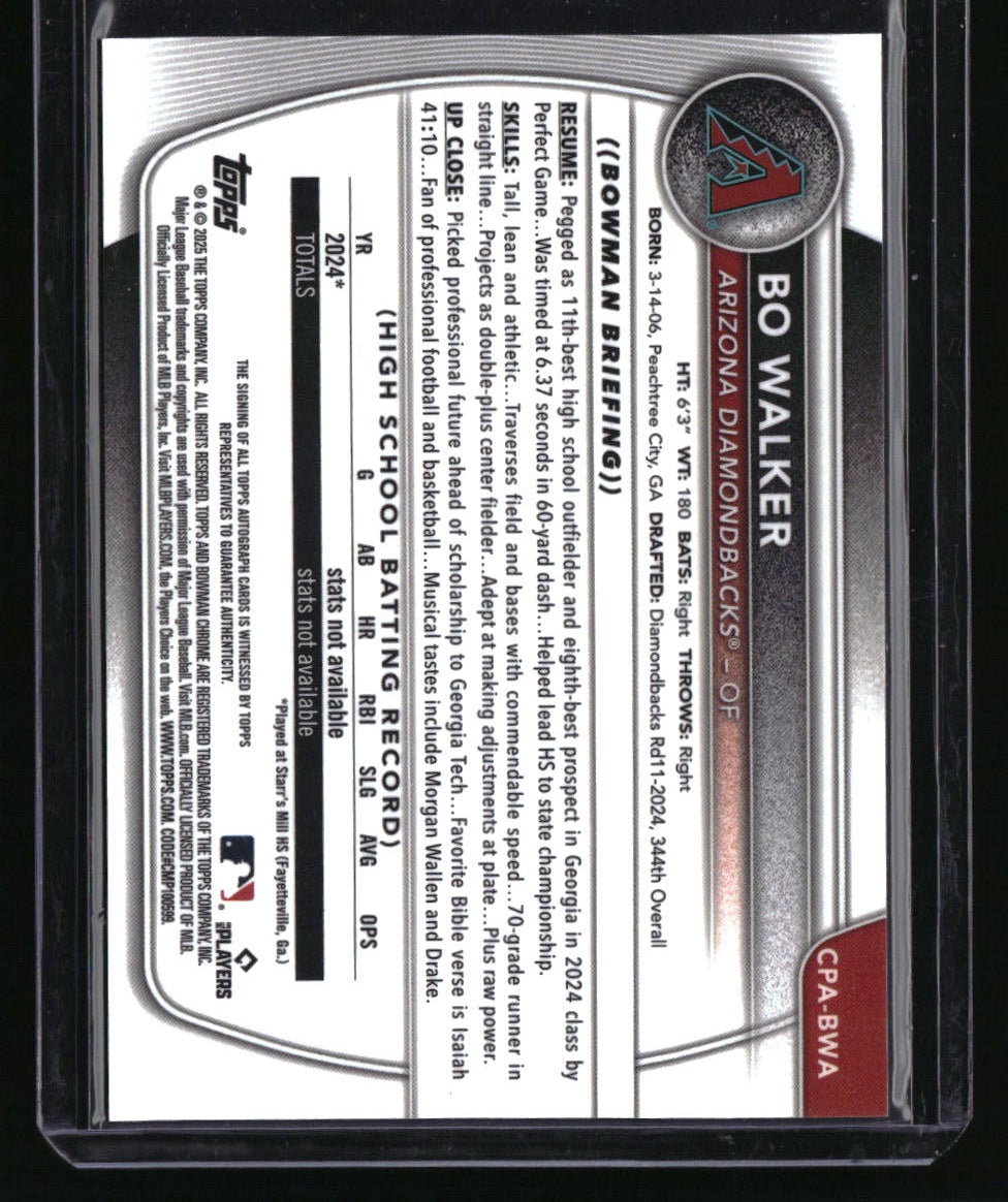 2025 Bowman Bo Walker Chrome Prospect Autographs Purple Refractor #/250