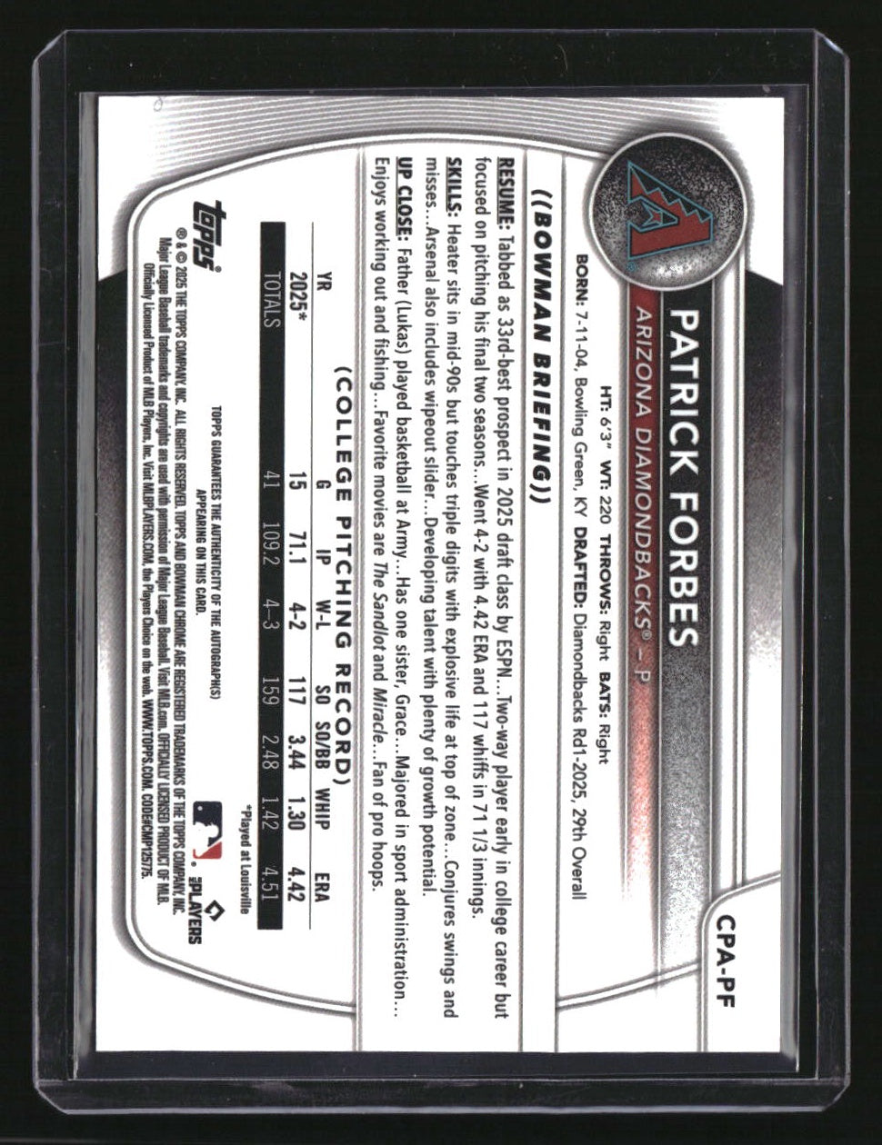 2025 Bowman Draft Patrick Forbes Chrome Prospect Autographs Blue BOOKEND #/150