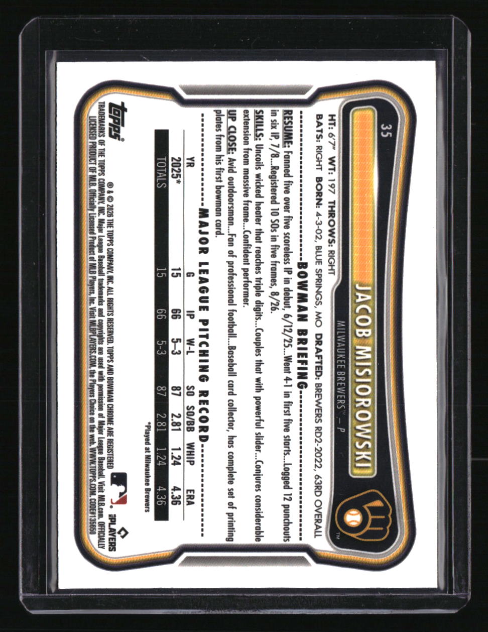 2026 Bowman Jacob Misiorowski Rookie Red RC Logo
