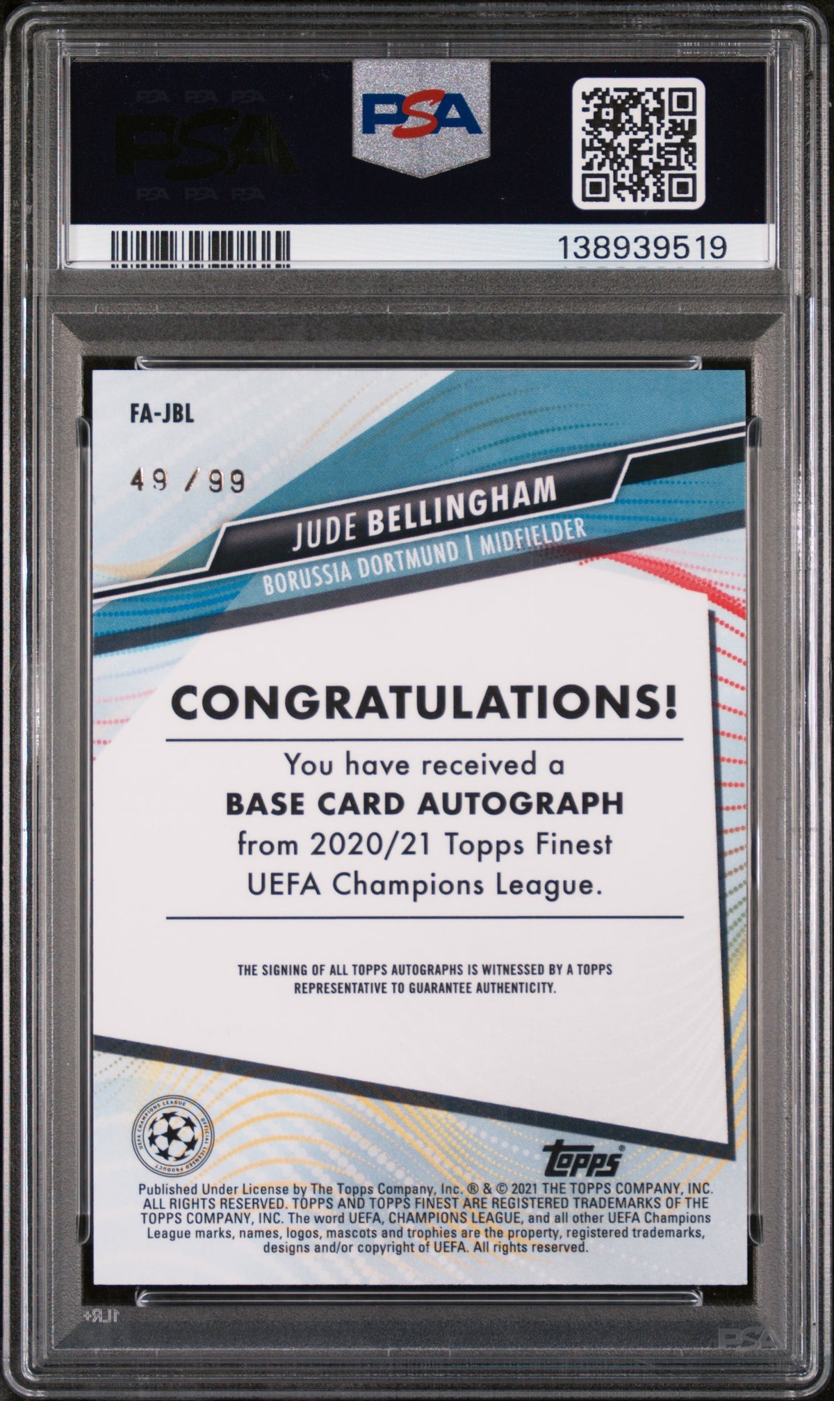 2020 Topps Finest Champions League Auto Jude Bellingham Neon Green Wave PSA 9