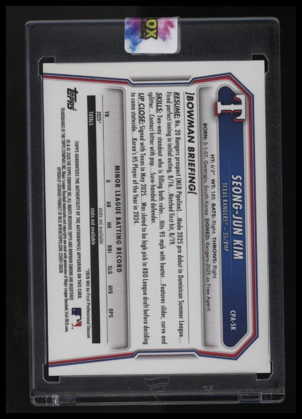 2026 Bowman Seong-Jun Kim Chrome Prospect Autographs Purple Refractors #/250