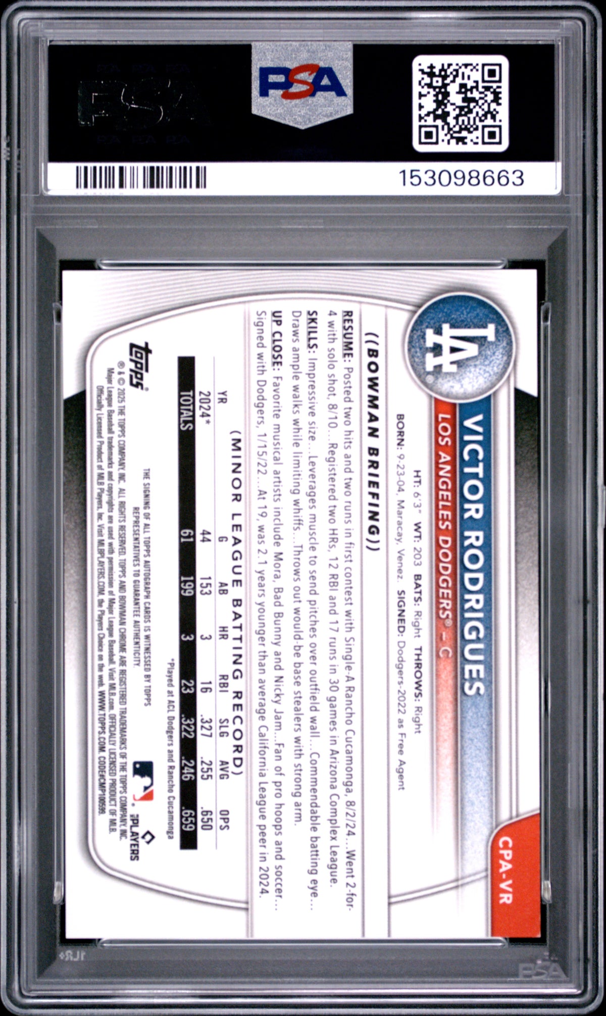 2025 Bowman Chrome Prospect Autographs Victor Rodrigues Orange Wave PSA 9