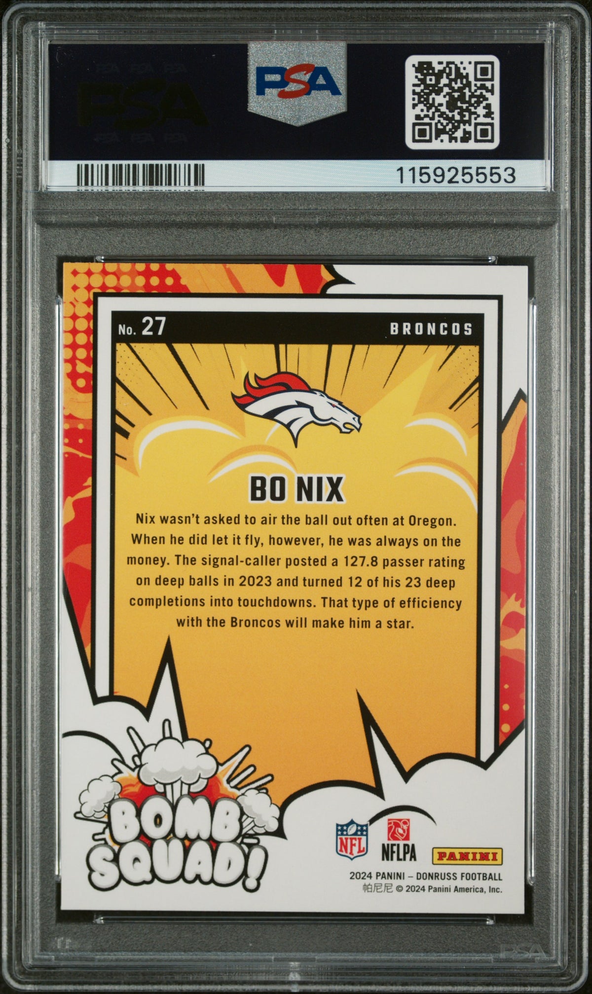 2024 Panini Donruss Bomb Squad Bo Nix PSA 10