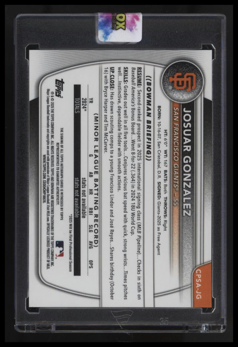 2025 Bowman Chrome Sapphire Josuar Gonzalez Prospect Auto Green #/99