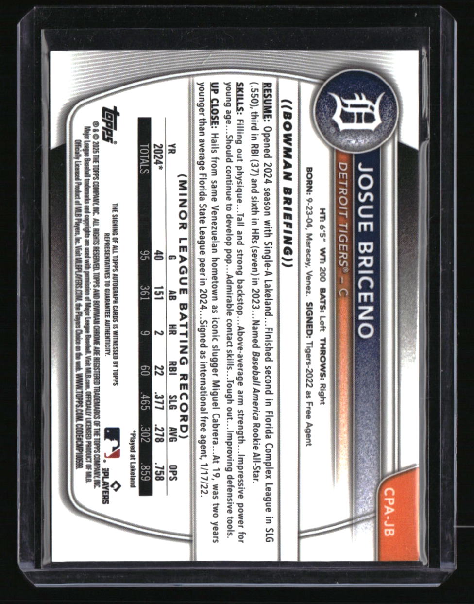 2025 Bowman Josue Briceno Chrome Prospect Autographs HTA Choice Refractor #/150
