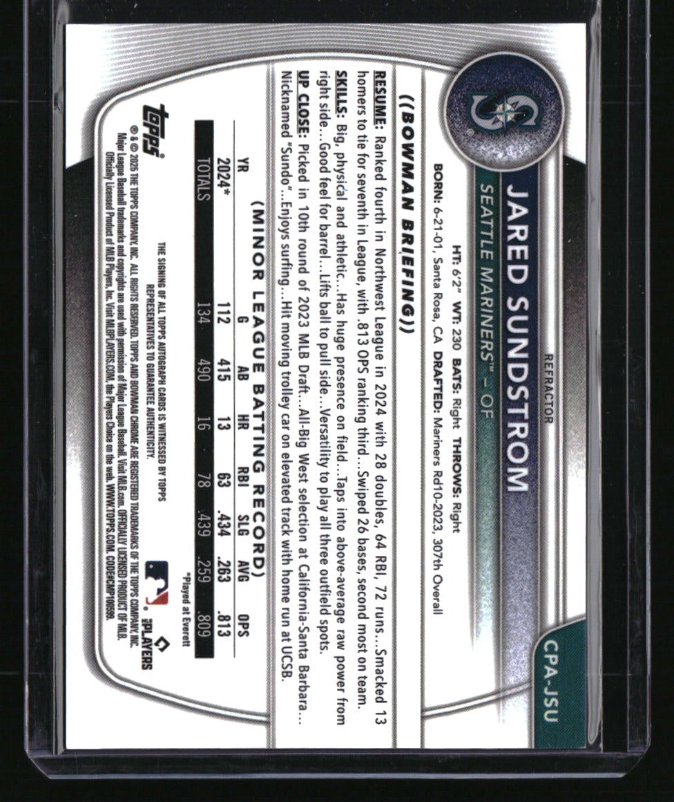 2025 Bowman Jared Sundstrom Chrome Prospect Autographs Refractor #/499