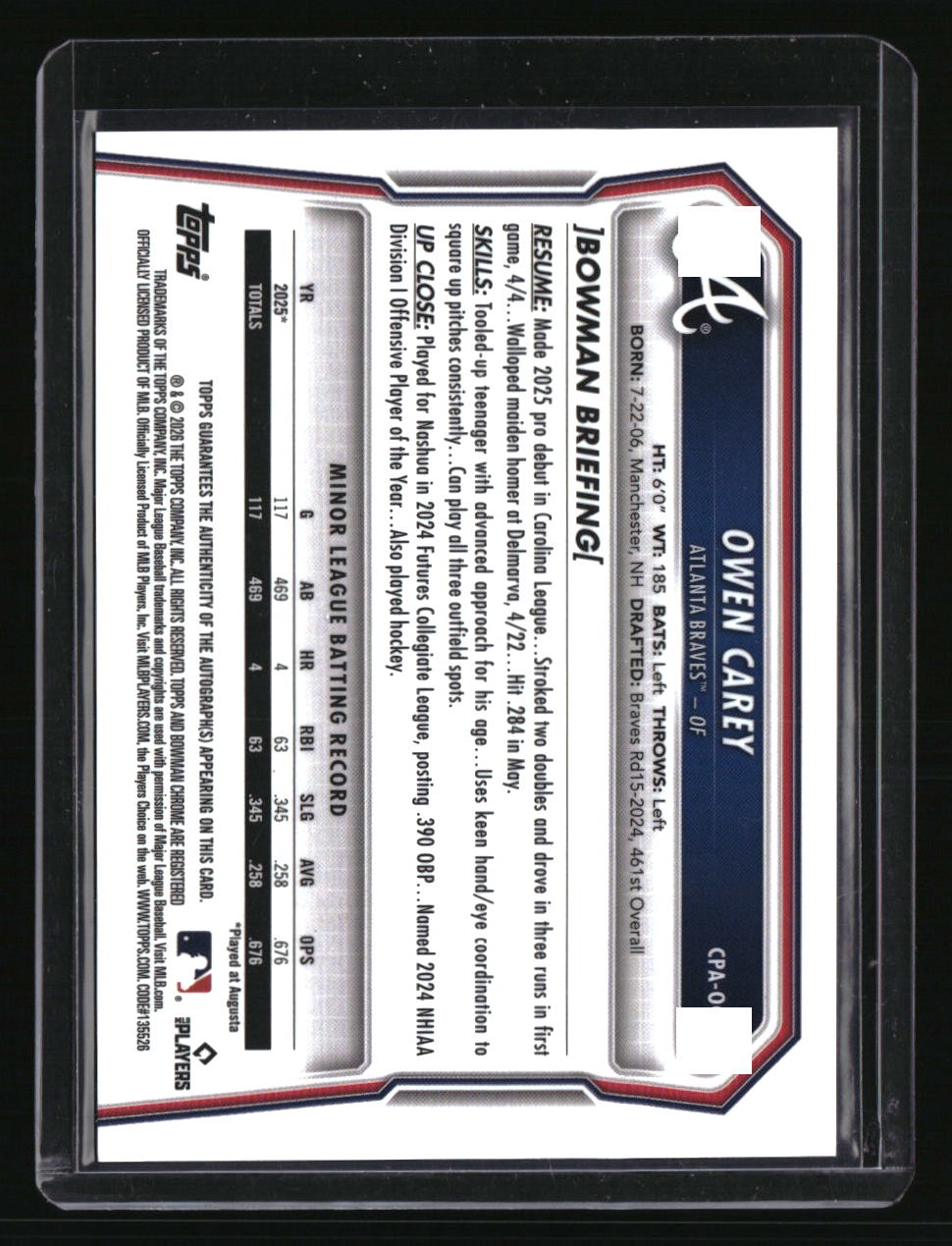 2026 Bowman Owen Carey Chrome Prospect Autographs Speckle Refractors #/299